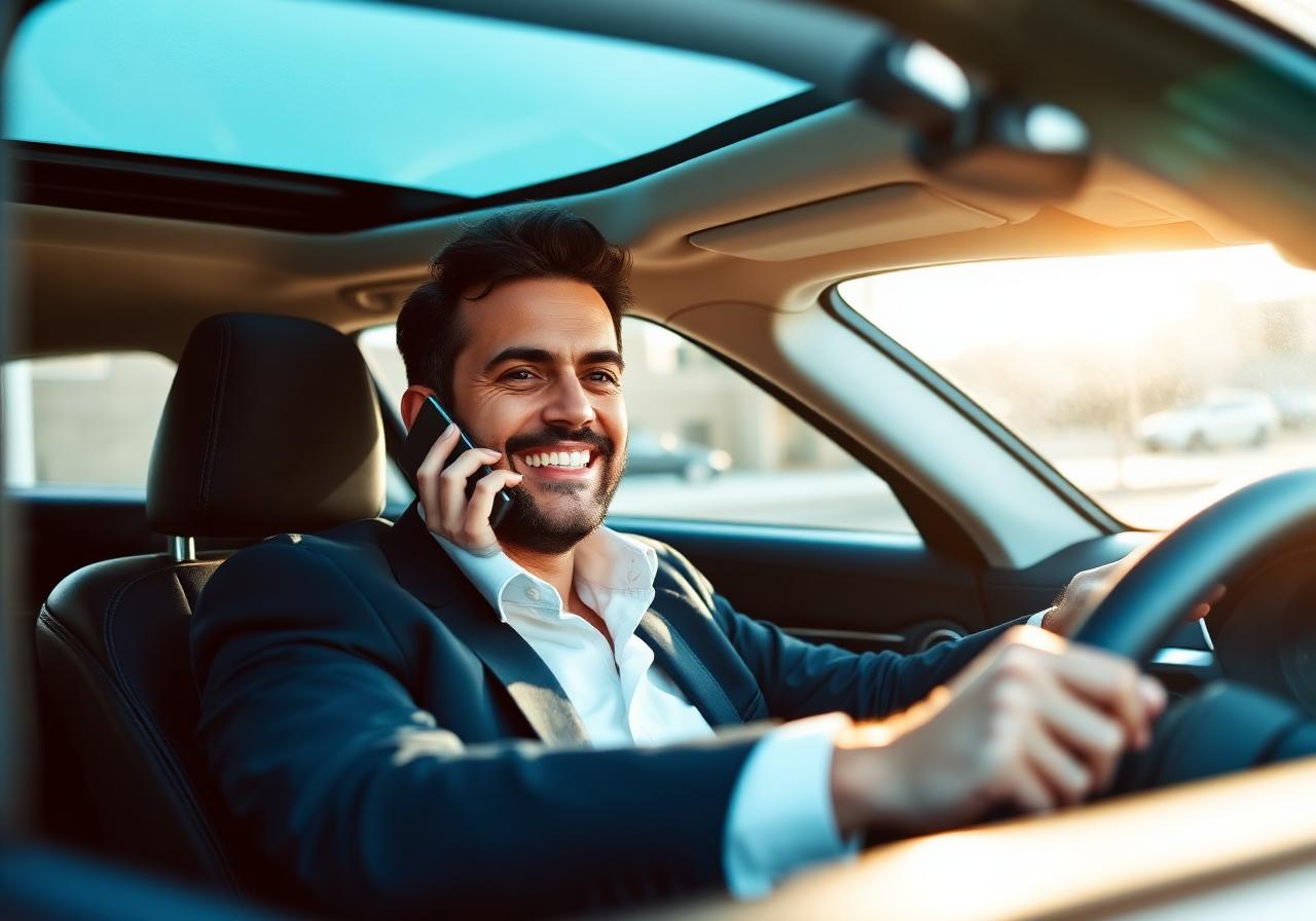 Geschäftsmann telefoniert im Auto mit HalloFreund