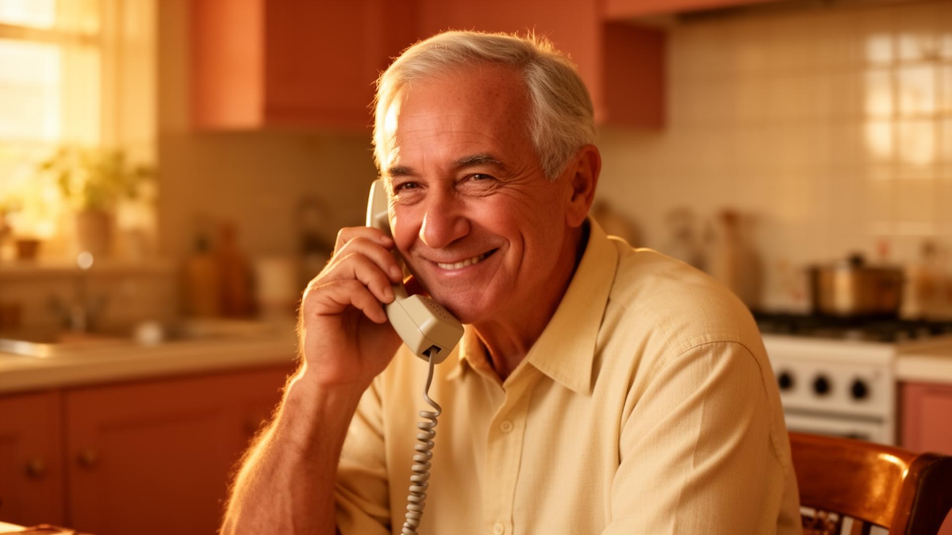 Älterer Mann lächelt während eines Telefonats in seiner Küche