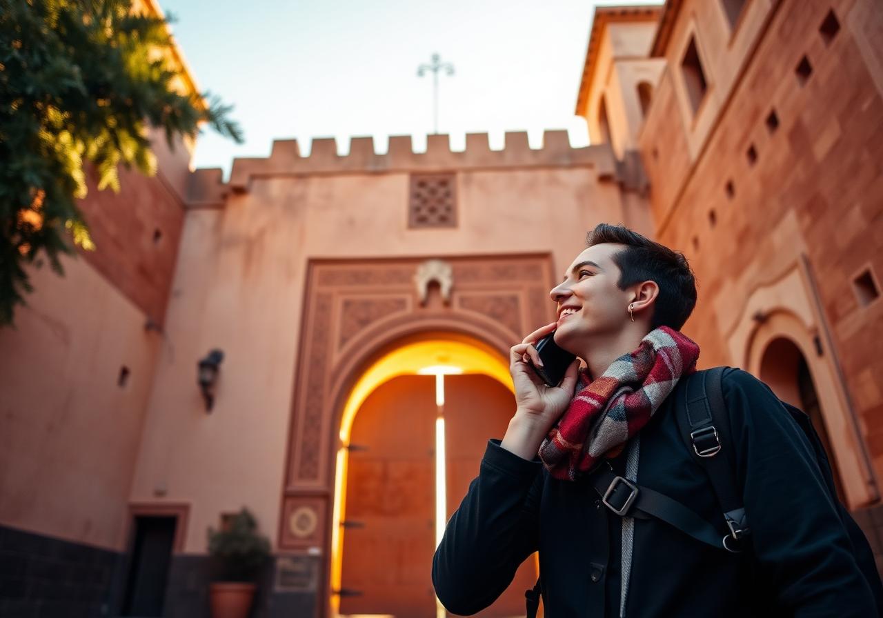 Reisender vor einer historischen Kasbah am Telefon